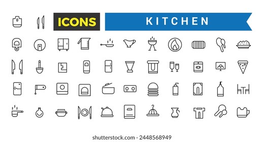 Küchen-Icon-Set, Set von Pfannen, Pfanne, Geschirr, Teller, Messer-Set, Besteck, Ofen Handschuh, Kochmütze, Topf, Topf, Topf, Reibe, Koch-Whisk, Schneide-Opslagstavle, Schürze Vektor-Icons, Vektorillustration