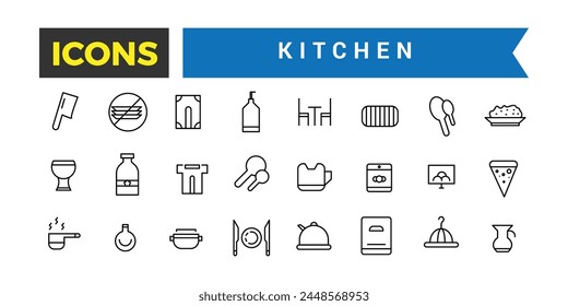 Kitchen Icon Set, Set Of Pans, Frying Pan, Tableware, Plates, Knives Set, Cutlery, Oven Mitt, Chef's Hat, Pot, Saucepan, Grater, Cooking Whisk, Cutting Board, Apron Vector Icons, Vector Illustration