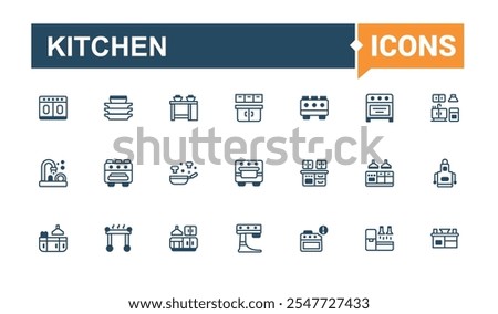 Kitchen icon set. Related to set, chopping, baking, cooking, silverware, pictogram, linear and more. Simple web icons. Vector line and solid icons.