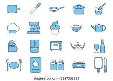 Kitchen icon set. Icon related to kitchen tool. Suitable for web site design, app, user interfaces. Flat line icon style. Simple vector design editable