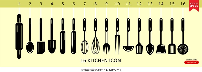 kitchen icon set vector, editable stroke eps 10, illustration, flat design