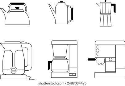 Icono de cocina. Hervidor de Vector, hervidor eléctrico, cafetera, cafetera italiana, cafetera eléctrica y cafetera espresso en blanco y negro