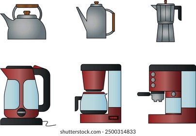 Kitchen icon. Vector kettle, electric kettle, coffee maker, Italian coffee maker, electric coffee maker and espresso maker