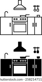 Kitchen Icons. Black and White Vector Icons. Modern Kitchen. Stove with Oven, Cabinets, and Hood. Frying Pan, Water Tap, and Kitchen Utensils. Restaurant Concept