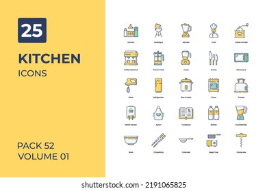 Colección de iconos de cocina. Set contiene Iconos como la sartén de frigorífico, cuchara de cocina, plato de cocina y más