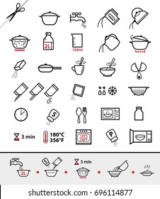 Kitchen icons for cooking instructions. Vector elements on white background. Detailed for any scale. Can be used for packaging, labeling, design, advertising, etc.