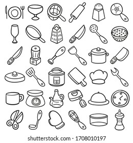 Juego de doodle con iconos de cocina. Cocina, objetos e ilustración del chef. Línea de arte de cocina dibujada a mano.
