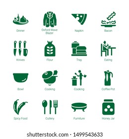 kitchen icons. Editable 16 kitchen icons. Included icons such as Dinner, Oxford Wave Blazer, Napkin, Bacon, Knives, Flour, Tray, Eating, Bowl, Cooking. kitchen trendy icons for web.