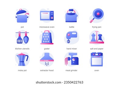 Kitchen icons in a flat cartoon design with blue colors. The picture shows cartoon electrical appliances that are found in every housewife's kitchen. Vector illustration.