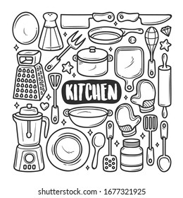 Vector de colorante de doodle dibujado a mano con iconos de cocina