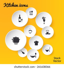 Kitchen icons on white round pieces of paper with shadow on yellow background.