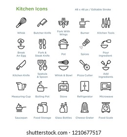 Kitchen Icons - Outline styled icons, designed to 48 x 48 pixel grid. Editable stroke.