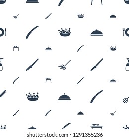 kitchen icons pattern seamless white background. Included editable filled chicken leg, mop, table with plates and pan, gardening knife icons. kitchen icons for web and mobile.