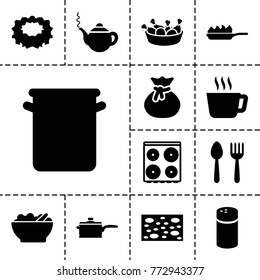 Kitchen icons. set of 13 editable filled kitchen icons such as spoon and fork, pepper, teapot, sponge, cooker, sack, tea, chicken leg, pan, pan-fry