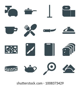 Kitchen icons. set of 16 editable filled kitchen icons such as dish, mop, sponge, fork and spoon, gardening knife, napkin, pan, chopping board and knife, meat grinder, teapot