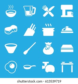 Kitchen icons set. set of 16 kitchen filled icons such as dish, mop, sponge, fork and knife, soup, bowl, pan, decanted, meat grinder, knife, egg, coffee machine, sack
