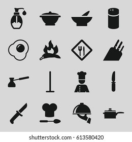 Kitchen Icons Set. Set Of 16 Kitchen Filled Icons Such As Chili, Pepper, Bowl, Mop, Knife, Soap, Chef, Restaurant, Dish Serving, Chef Hat And Spoon, Pan, Turk