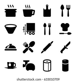 Kitchen icons set. set of 16 kitchen filled icons such as spoon and fork, dish, pepper, paper towel, fork and spoon, cargo height, tea, bowl, dough pin, chopping board