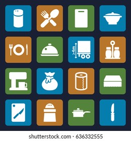 Kitchen icons set. set of 16 kitchen filled icons such as pepper, cutting board, sponge, paper towel, fork and spoon, knife, cargo height, dish, plate fork and spoon, pan