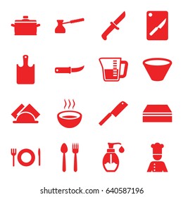 Kitchen icons set. set of 16 kitchen filled icons such as sponge, soup, gardening knife, soap, chef, napkin, plate fork and spoon, bowl, pan, decanted