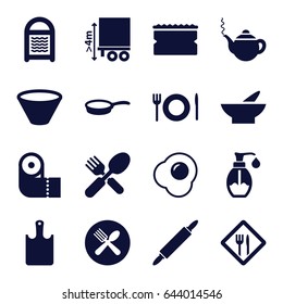 Kitchen icons set. set of 16 kitchen filled icons such as bowl, teapot, sponge, paper towel, fork and spoon, soap, spoon and fork, cargo height, plate fork and spoon