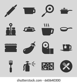 Kitchen icons set. set of 16 kitchen filled icons such as eggplant, pan, sponge, paper towel, fork, spray bottle, spoon and fork, tea, pepper, dough pin