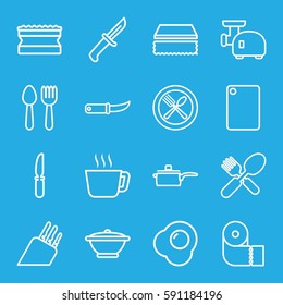 kitchen icons set. Set of 16 kitchen outline icons such as spoon and fork, sponge, paper towel, fork and spoon, knife, gardening knife, pan, chopping board and knife