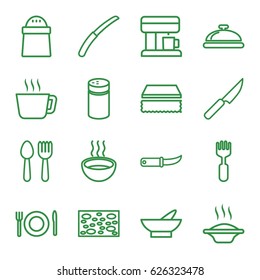 Kitchen icons set. set of 16 kitchen outline icons such as spoon and fork, dish, pepper, bowl, sponge, fork, soup, gardening knife, plate fork and spoon, knife, coffee machine