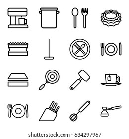 Kitchen icons set. set of 16 kitchen outline icons such as plate fork and spoon, mop, sponge, spoon and fork, tea, corolla, pan, knife, turk, coffee machine