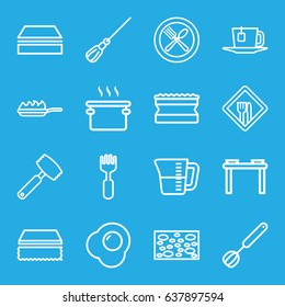 Kitchen icons set. set of 16 kitchen outline icons such as mop, sponge, fork, spoon and fork, restaurant, tea, corolla, pan-fry, decanted, knife, egg, pan