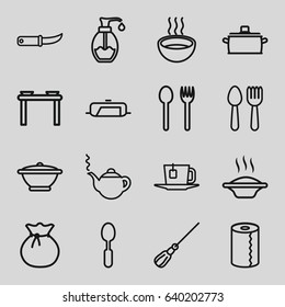 Kitchen icons set. set of 16 kitchen outline icons such as spoon and fork, pan, teapot, mop, paper towel, spoon, soup, gardening knife, soap, tea, sack