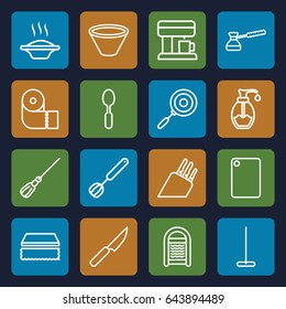 Kitchen icons set. set of 16 kitchen outline icons such as mop, sponge, paper towel, spoon, soap, corolla, bowl, chopping board and knife, knife, pan, turk, coffee machine