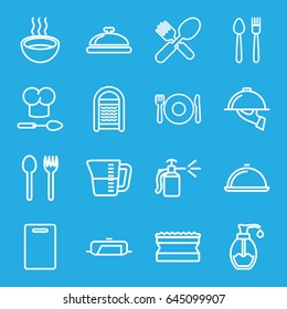 Kitchen icons set. set of 16 kitchen outline icons such as plate fork and spoon, dish, pan, cutting board, sponge, fork and spoon, soup, spray bottle, soap, dish serving