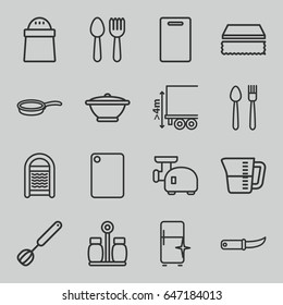 Kitchen icons set. set of 16 kitchen outline icons such as spoon and fork, cutting board, sponge, clean fridge, pepper, gardening knife, cargo height, corolla, pan, decanted