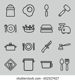 Kitchen icons set. set of 16 kitchen outline icons such as spoon and fork, plate fork and spoon, sponge, pepper, chicken leg, spoon, restaurant, pan, meat grinder, knife, turk