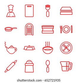 Kitchen icons set. set of 16 kitchen outline icons such as pan, teapot, cutting board, sponge, pepper, spoon, fork, soup, spoon and fork, chef, plate fork and spoon, dough pin