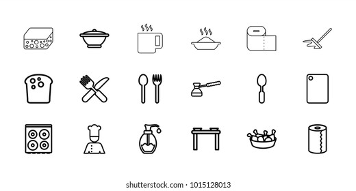 Kitchen icons. set of 18 editable outline kitchen icons: cooker, paper towel, fork and spoon, bread, table with plates and pan, chicken leg, spoon, soap, chef, pan, turk, mop
