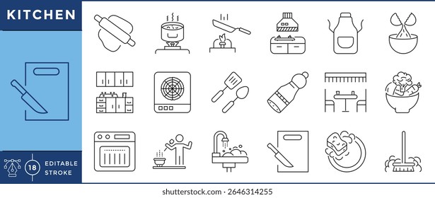 Kitchen icons set. 18 line icons. Vector editable stroke. Baking, stove, induction, dining, vegetable, egg, clean, furniture.
