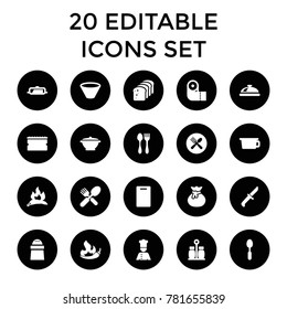 Kitchen icons. set of 20 editable filled kitchen icons such as chili, pan, dish, cutting board, sponge, paper towel, sack, pot. best quality kitchen elements in trendy style.