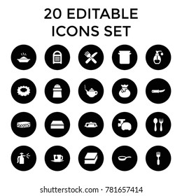Kitchen icons. set of 20 editable filled kitchen icons such as pan, teapot, sponge, sack, pepper, fork and knife, fork. best quality kitchen elements in trendy style.