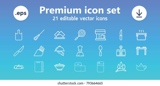 Kitchen icons. set of 21 editable outline kitchen icons includes chili, pan, mop, table with plates and pan, spoon, knife, chef, napkin, dish serving, pepper, chopping board