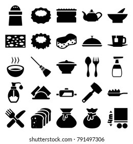 Kitchen Icons. Set Of 25 Editable Filled Kitchen Icons Such As Bowl, Sponge, Sack, Pepper, Fork And Knife, Soup, Soap, Napkin, Tea, Pan, Pan-fry, Knife, Dish, Teapot, Mop