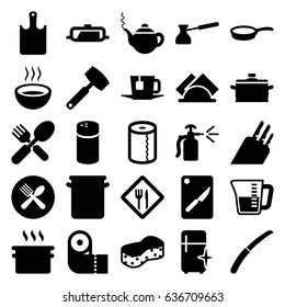 Kitchen icons set. set of 25 kitchen filled icons such as pan, pepper, teapot, sponge, paper towel, clean fridge, fork and spoon, soup, gardening knife, spray bottle