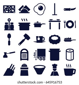 Kitchen icons set. set of 25 kitchen filled icons such as plate fork and spoon, mop, sponge, paper towel, pepper, spoon, gardening knife, cargo height, chef, napkin, tea, bowl