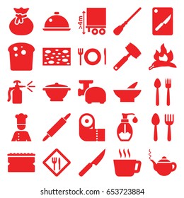 Kitchen icons set. set of 25 kitchen filled icons such as chili, spoon and fork, bowl, teapot, mop, sponge, paper towel, spray bottle, soap, cargo height, chef, dish