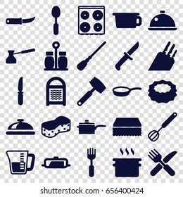 Kitchen icons set. set of 25 kitchen filled icons such as pan, dish, mop, sponge, cooker, fork and knife, spoon, knife, fork, gardening knife, pepper, corolla, decanted, turk