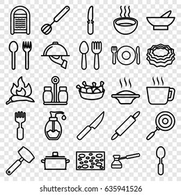 Kitchen Icons Set. Set Of 25 Kitchen Outline Icons Such As Spoon And Fork, Plate Fork And Spoon, Chili, Bowl, Sponge, Chicken Leg, Knife, Soup, Soap, Dish Serving, Pepper