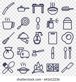 Kitchen Icons Set. Set Of 25 Kitchen Outline Icons Such As Chili, Cutting Board, Mop, Sponge, Pepper, Fork And Spoon, Spoon, Knife, Soup, Gardening Knife, Spray Bottle, Soap