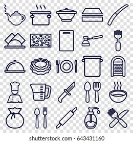 Kitchen icons set. set of 25 kitchen outline icons such as spoon and fork, teapot, cutting board, sponge, fork and knife, soup, gardening knife, soap, chef, dish, napkin