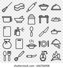 Kitchen Icons Set. Set Of 25 Kitchen Outline Icons Such As Spoon And Fork, Chili, Pan, Bowl, Cutting Board, Mop, Sponge, Pepper, Spoon, Gardening Knife, Spray Bottle, Soap